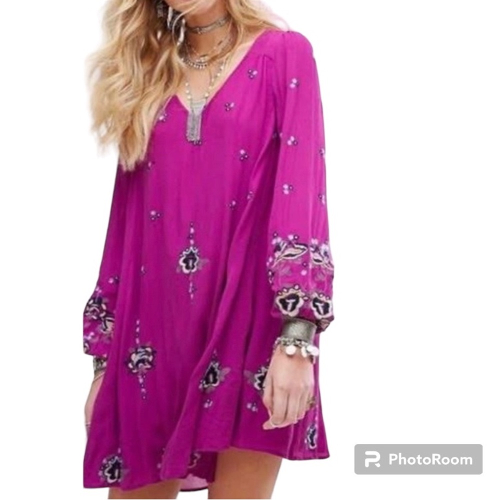 Free People Oxford Embroidered Long Sleeve Mini Dress With Pockets NWT S…